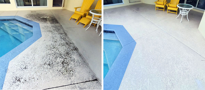 before and after - pressure washing pool pavement backyard